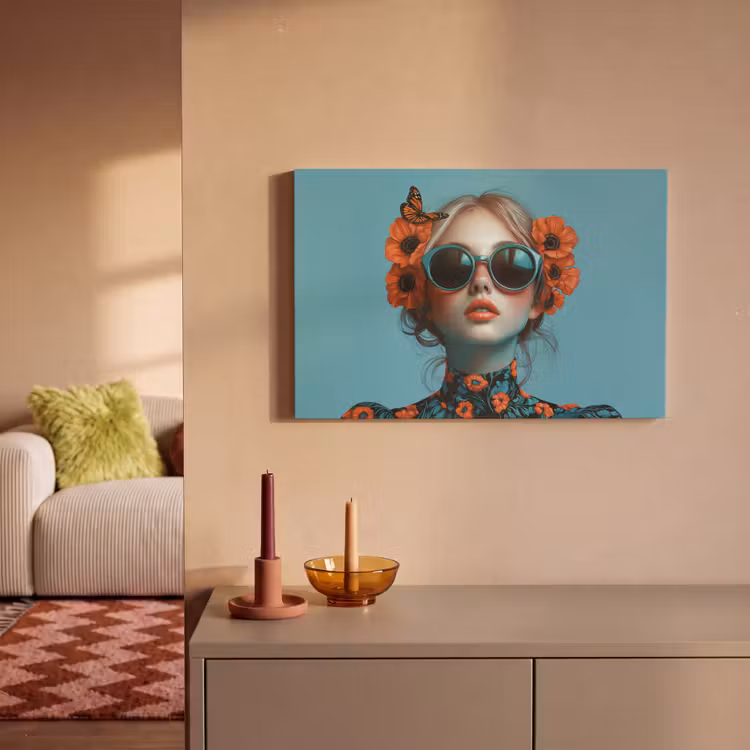 Vrouw - Blauw - Vlinder - Bloemen - Aesthetic canvas 2cm klein -sfeer1