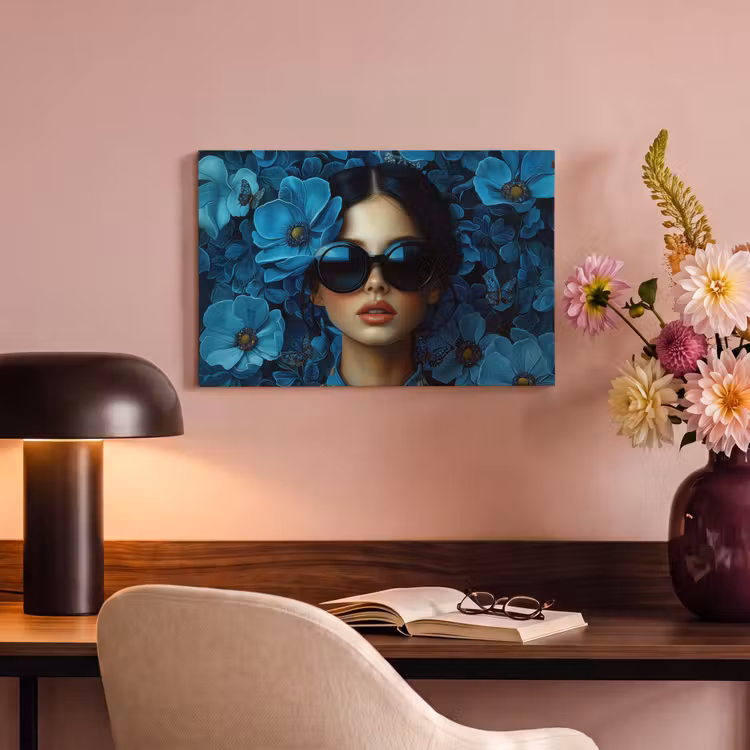 Vrouw - Bloemen - Blauw - Aesthetic - Luxe canvas 2cm klein -sfeer4