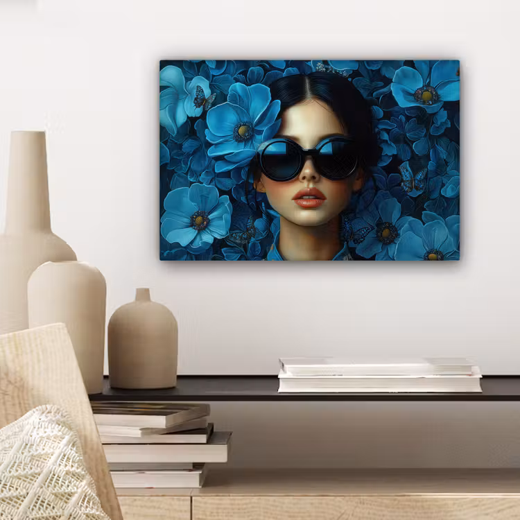 Vrouw - Bloemen - Blauw - Aesthetic - Luxe canvas 2cm klein -sfeer6