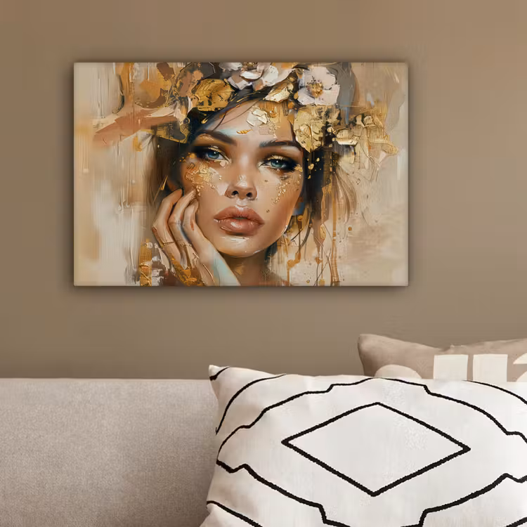 Vrouw - Bloemen - Goud - Portret canvas 2cm klein -sfeer3