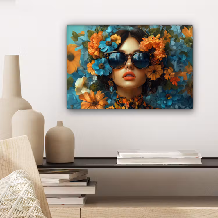 Vrouw - Bloemen - Oranje - Blauw - Modern canvas 2cm klein -sfeer6