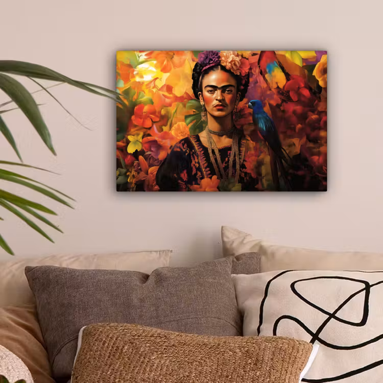 Vrouw - Bloemen - Papegaai - Schilderachtig canvas 2cm klein -sfeer1