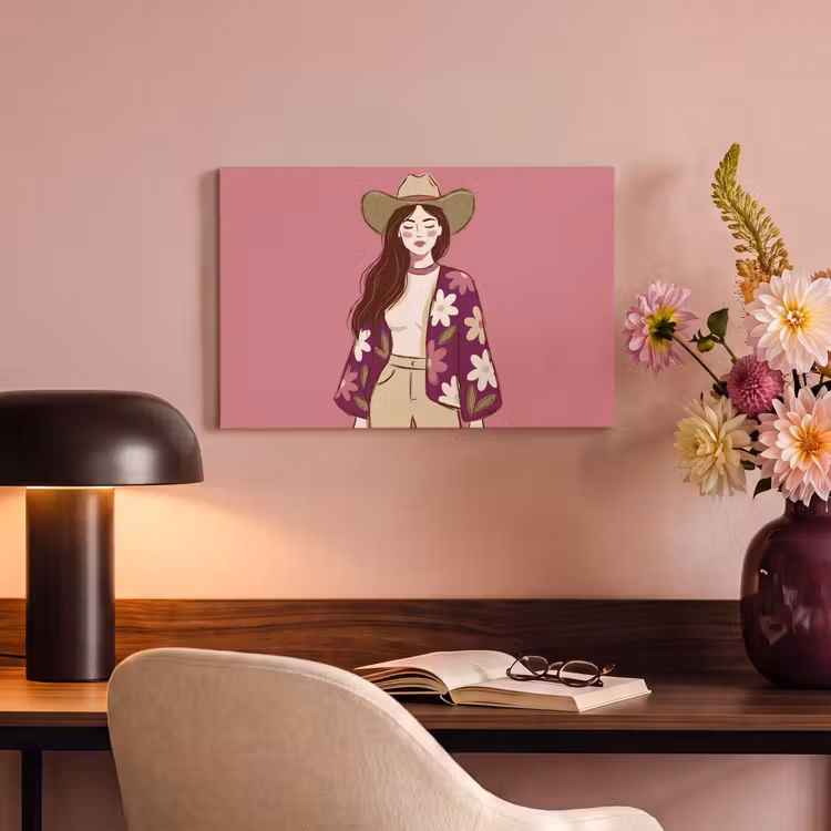 Vrouw - Hoed - Portret - Illustratie - Roze canvas 2cm klein -sfeer4