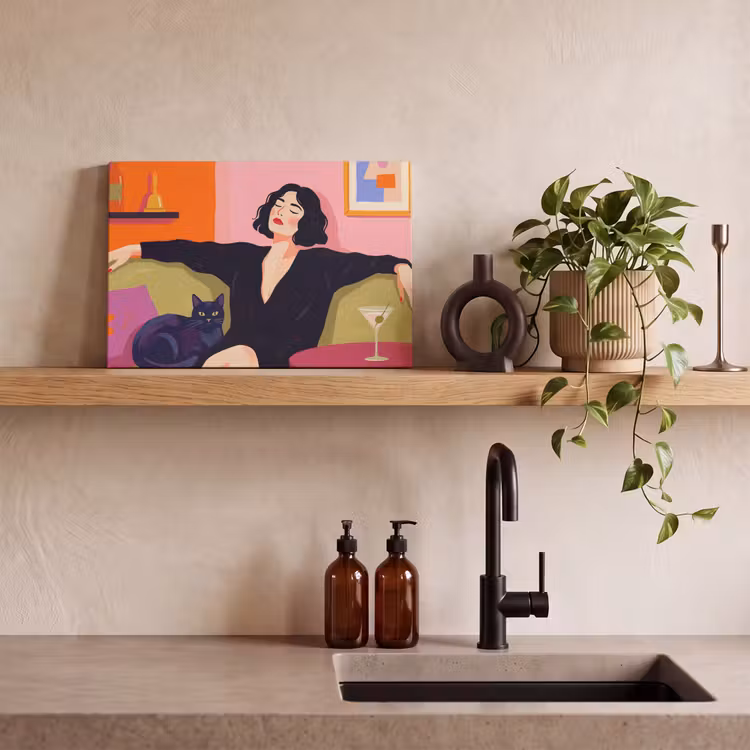 Vrouw - Kat - Interieur - Modern - Kleurrijk canvas 2cm klein -sfeer3
