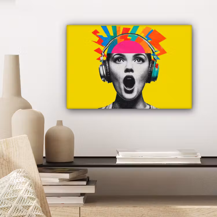 Vrouw - Koptelefoon - Geel canvas 2cm klein -sfeer6