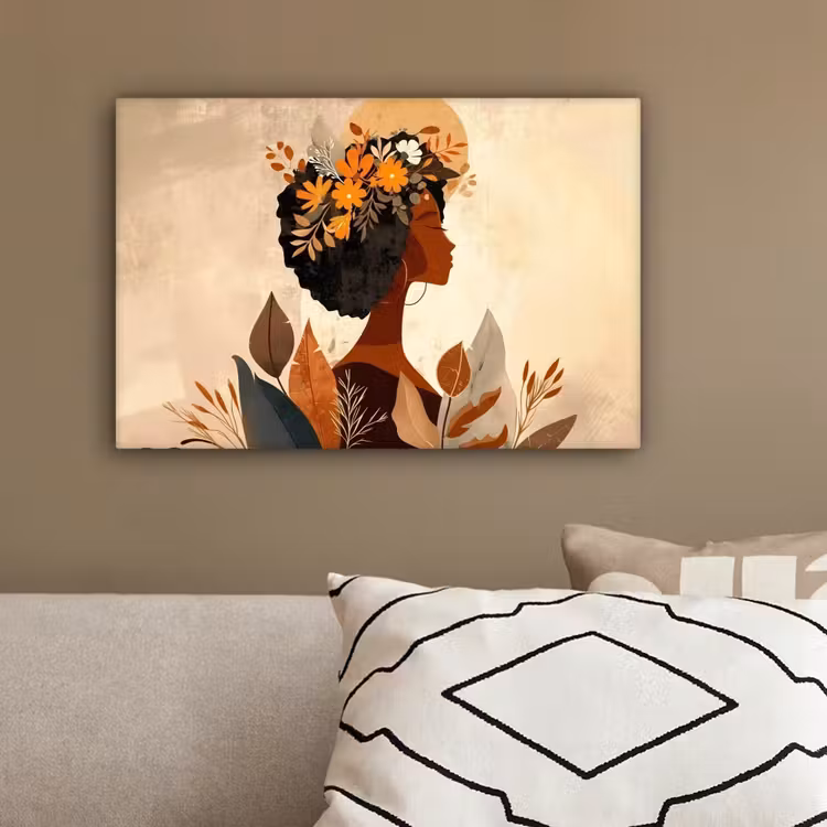Vrouw - Krullen - Bloemen - Beige canvas 2cm klein -sfeer3