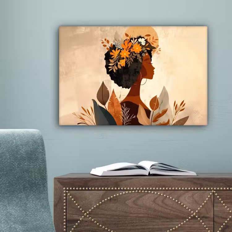 Vrouw - Krullen - Bloemen - Beige canvas 2cm klein -sfeer4