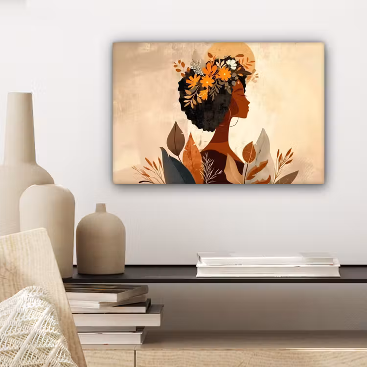 Vrouw - Krullen - Bloemen - Beige canvas 2cm klein -sfeer6