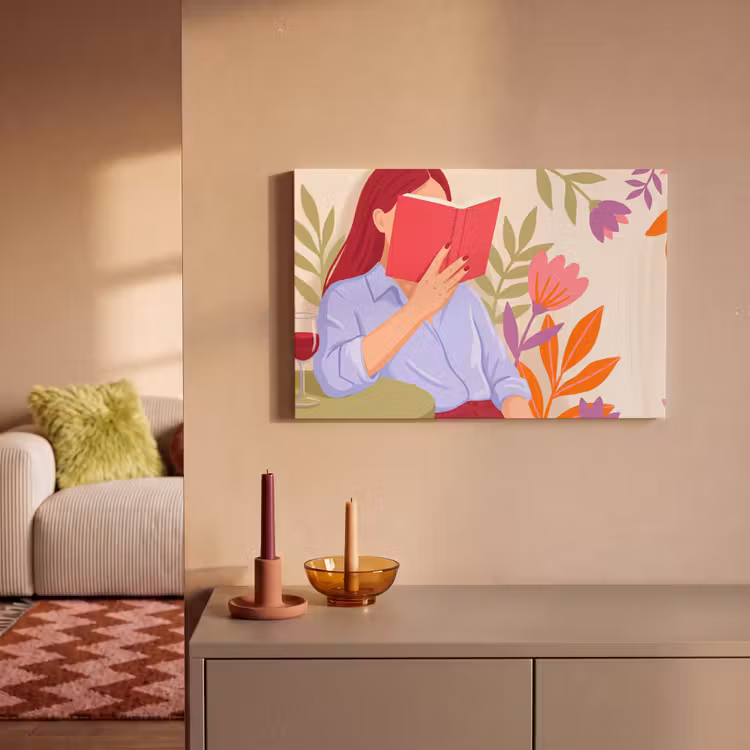 Vrouw - Lezen - Thuis - Modern - Bloemen canvas 2cm klein -sfeer1