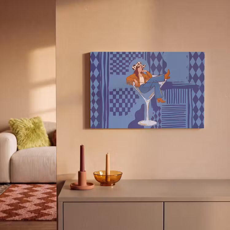 Vrouw - Martini glas - Abstract - Blauw - Kunst canvas 2cm klein -sfeer1