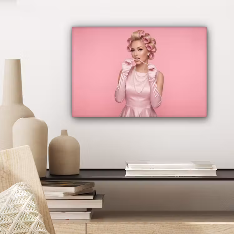 Vrouw - Roze - Parelketting - Krulspelden canvas 2cm klein -sfeer6
