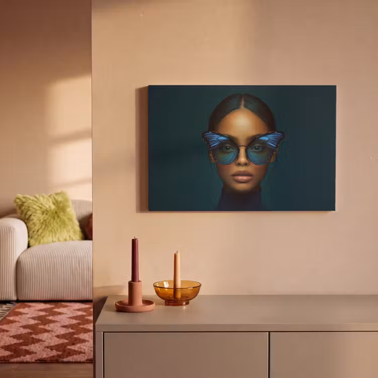 Vrouw - Vlinder - Bril - Blauw - Modern - Portret canvas 2cm klein -sfeer1