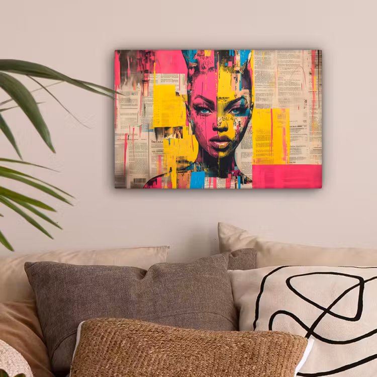 Vrouwengezicht - Krantenpapier - Abstract - Roze canvas 2cm klein -sfeer1