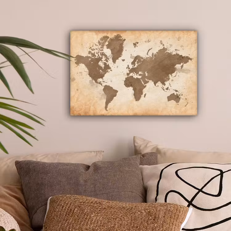 Wereldkaart - Beige - Bruin canvas 2cm klein -sfeer1