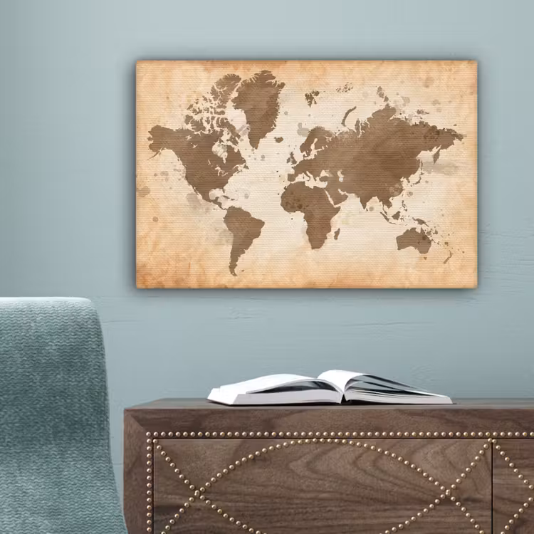 Wereldkaart - Beige - Bruin canvas 2cm klein -sfeer4