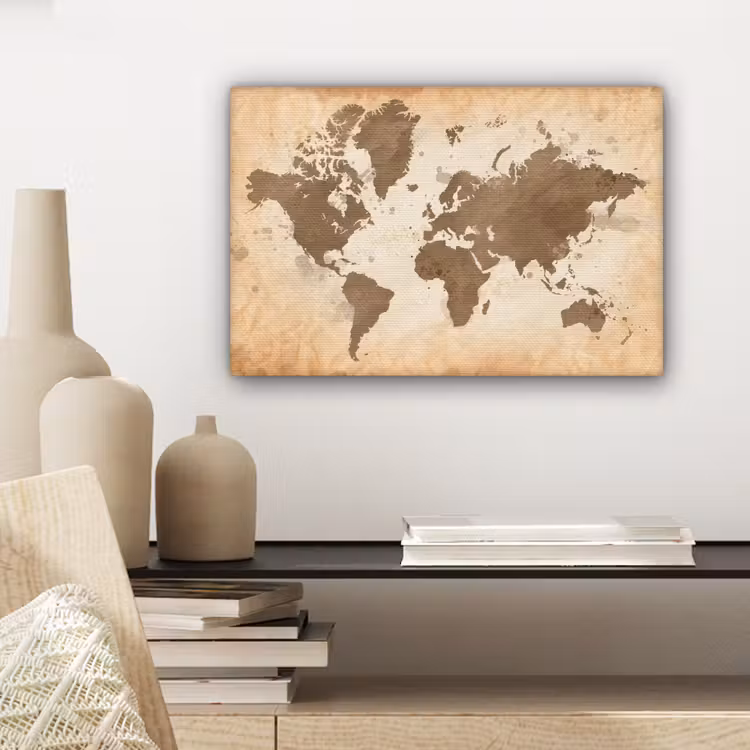 Wereldkaart - Beige - Bruin canvas 2cm klein -sfeer6