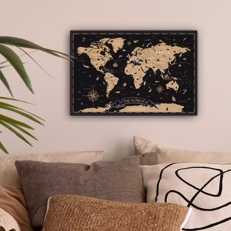 Wereldkaart - Beige - Zwart canvas 2cm klein -sfeer1
