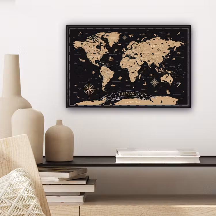 Wereldkaart - Beige - Zwart canvas 2cm klein -sfeer6