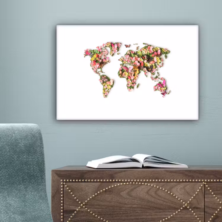 Wereldkaart - Bloemen - Felgekleurd canvas 2cm klein -sfeer4