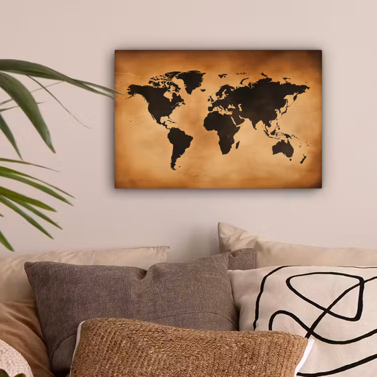 Wereldkaart - Bruin - Kaart canvas 2cm klein -sfeer1