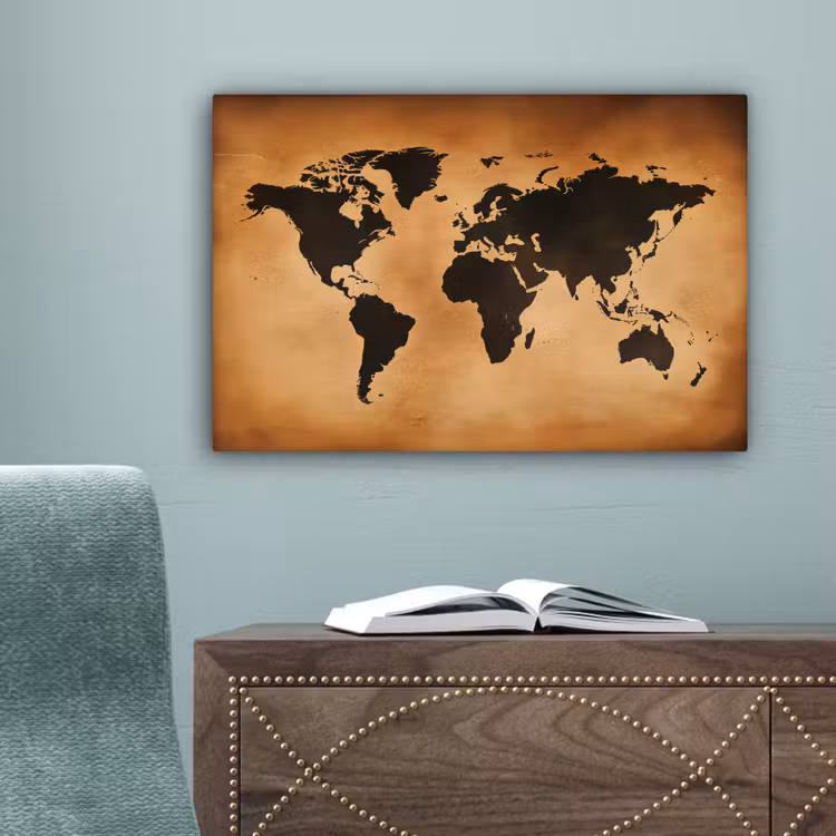 Wereldkaart - Bruin - Kaart canvas 2cm klein -sfeer4