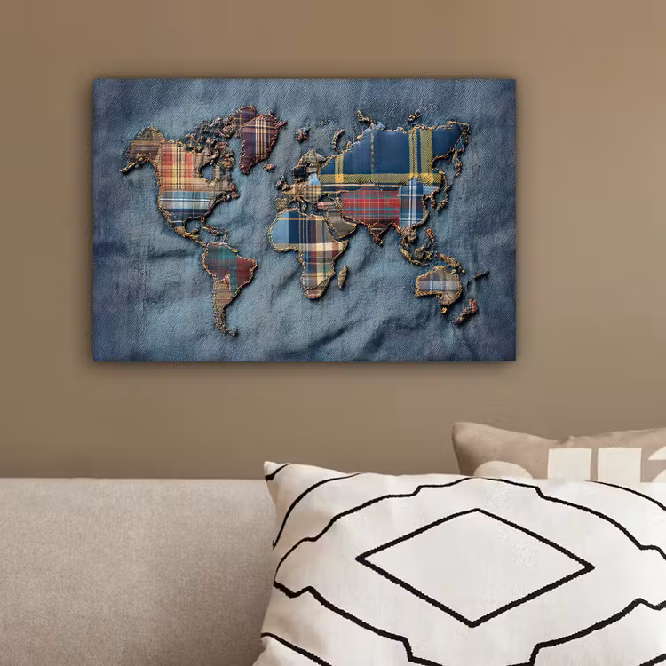 Wereldkaart - Denim - Textiel canvas 2cm klein -sfeer3