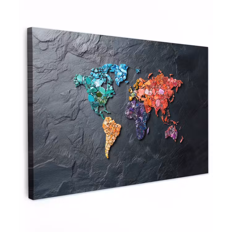 Wereldkaart - Edelstenen - Regenboog - Ruw canvas 2cm klein -z3d