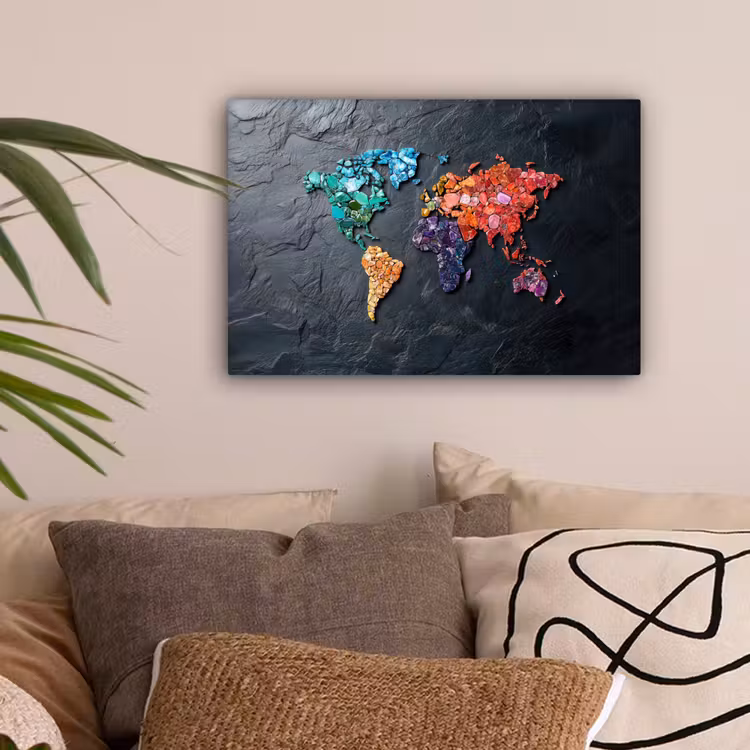 Wereldkaart - Edelstenen - Regenboog - Ruw canvas 2cm klein -sfeer1