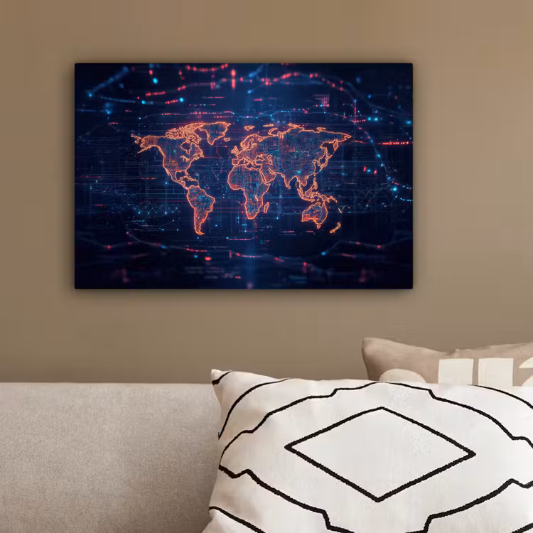Wereldkaart - Futuristisch - Oranje canvas 2cm klein -sfeer3