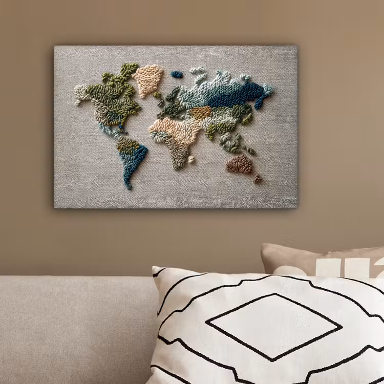 Wereldkaart - Geborduurd - Aardetinten canvas 2cm klein -sfeer3
