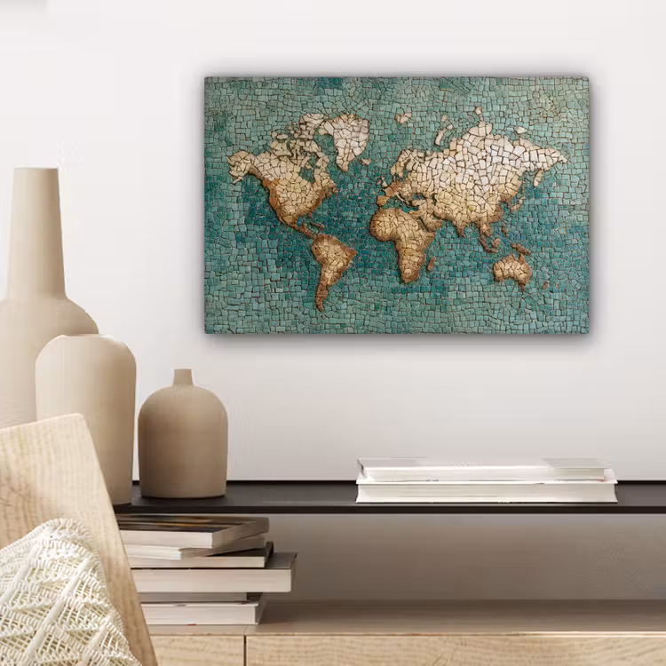 Wereldkaart - Gebroken tegels - Mozaïek canvas 2cm klein -sfeer6