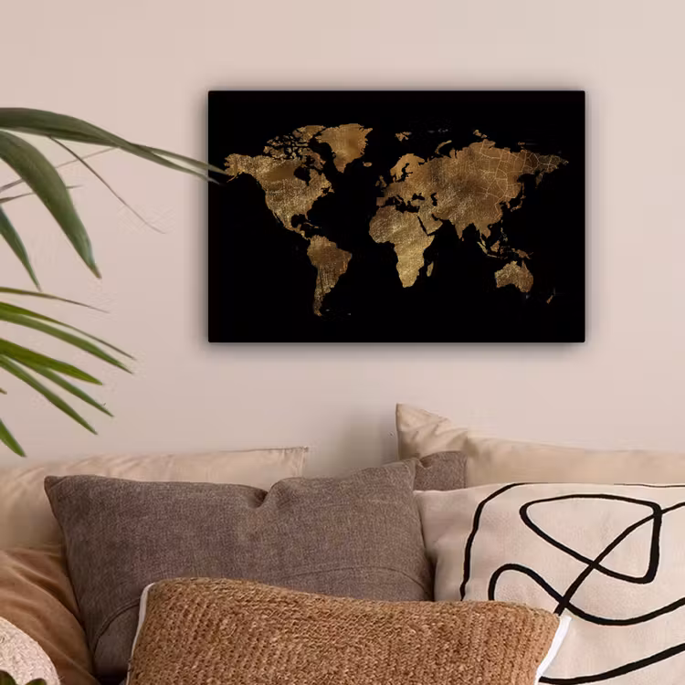Wereldkaart - Goud - Luxe - Aarde - Zwart canvas 2cm klein -sfeer1