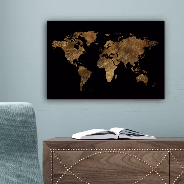 Wereldkaart - Goud - Luxe - Aarde - Zwart canvas 2cm klein -sfeer4