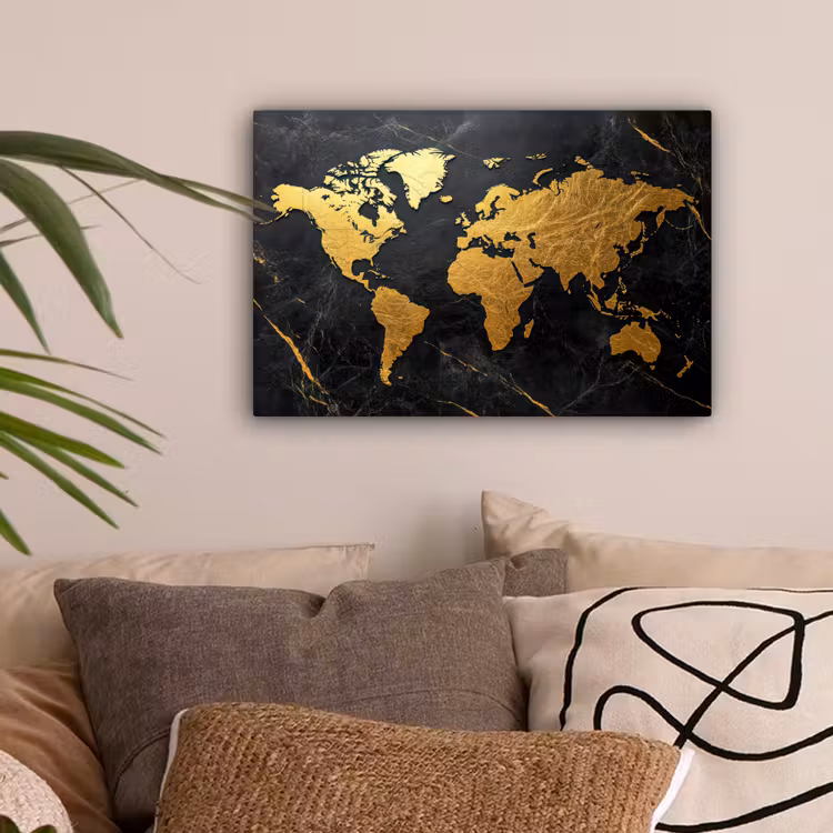 Wereldkaart - Goud - Marmer canvas 2cm klein -sfeer1