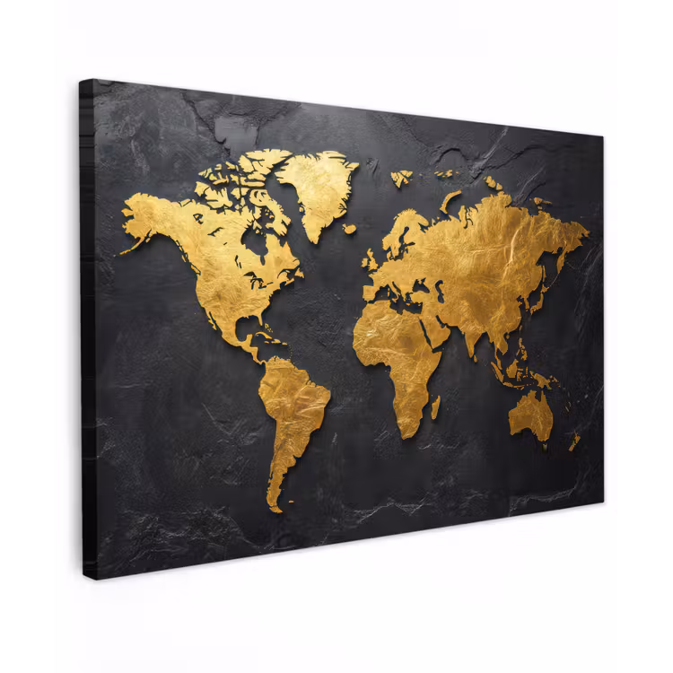 Wereldkaart - Goud - Steen canvas 2cm klein -z3d