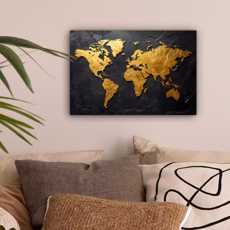 Wereldkaart - Goud - Steen canvas 2cm klein -sfeer1