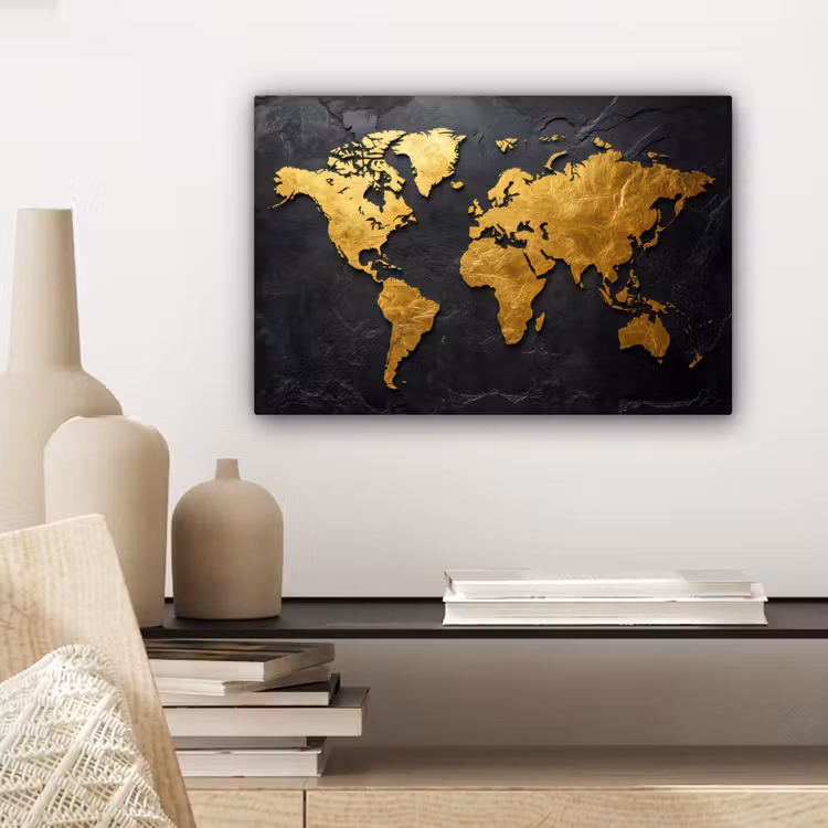 Wereldkaart - Goud - Steen canvas 2cm klein -sfeer6