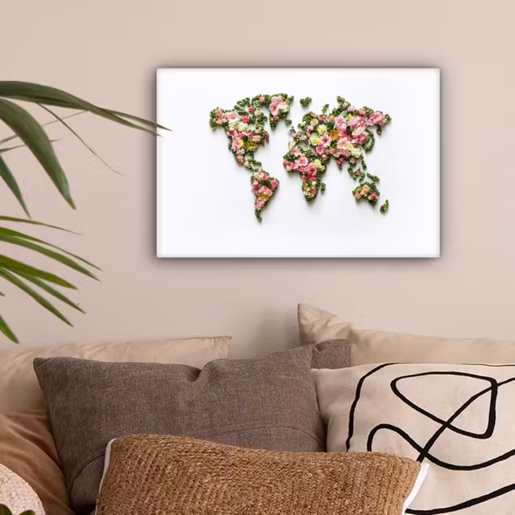 Wereldkaart - Kleurrijk - Bloemen - Lente canvas 2cm klein -sfeer1