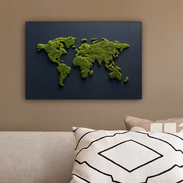 Wereldkaart - Mos -Levendig effect canvas 2cm klein -sfeer3