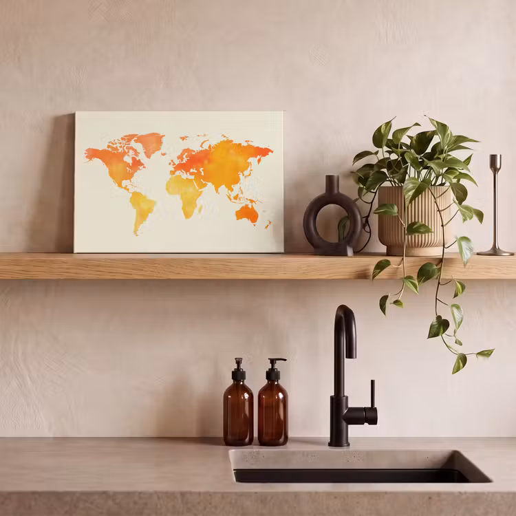 Wereldkaart - Oranje - Kleurrijk canvas 2cm klein -sfeer3