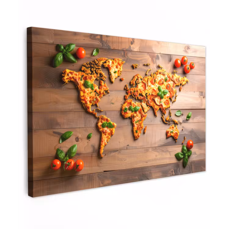 Wereldkaart - Pizza - Houten ondergrond canvas 2cm klein -z3d