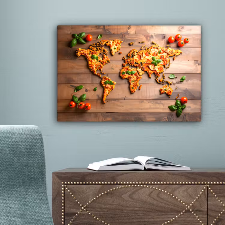 Wereldkaart - Pizza - Houten ondergrond canvas 2cm klein -sfeer4