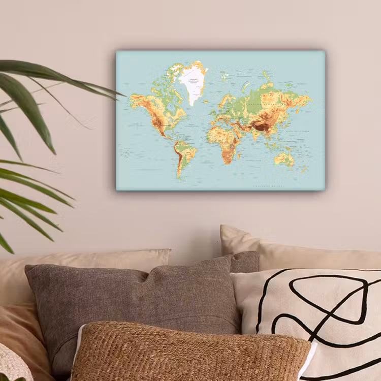 Wereldkaart - Realistisch - Blauw canvas 2cm klein -sfeer1