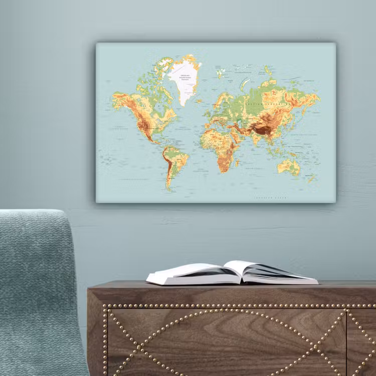 Wereldkaart - Realistisch - Blauw canvas 2cm klein -sfeer4