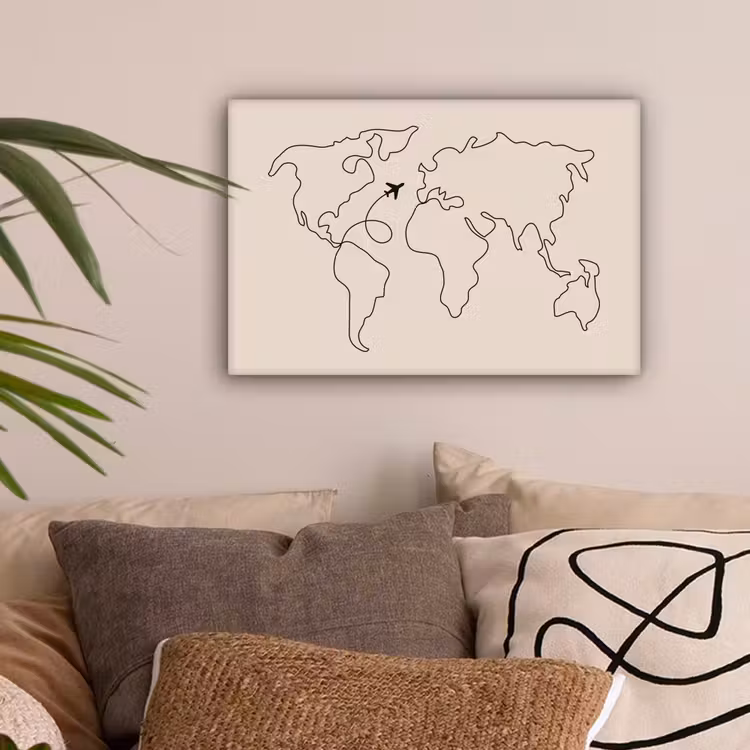 Wereldkaart - Simpel - Vliegtuig canvas 2cm klein -sfeer1