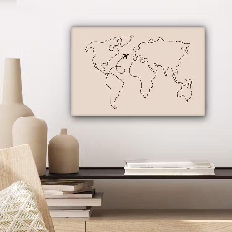 Wereldkaart - Simpel - Vliegtuig canvas 2cm klein -sfeer6