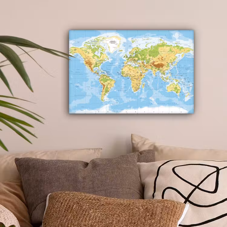 Wereldkaart - Staatkundig - Blauw - Aarde - Educatief canvas 2cm klein -sfeer1