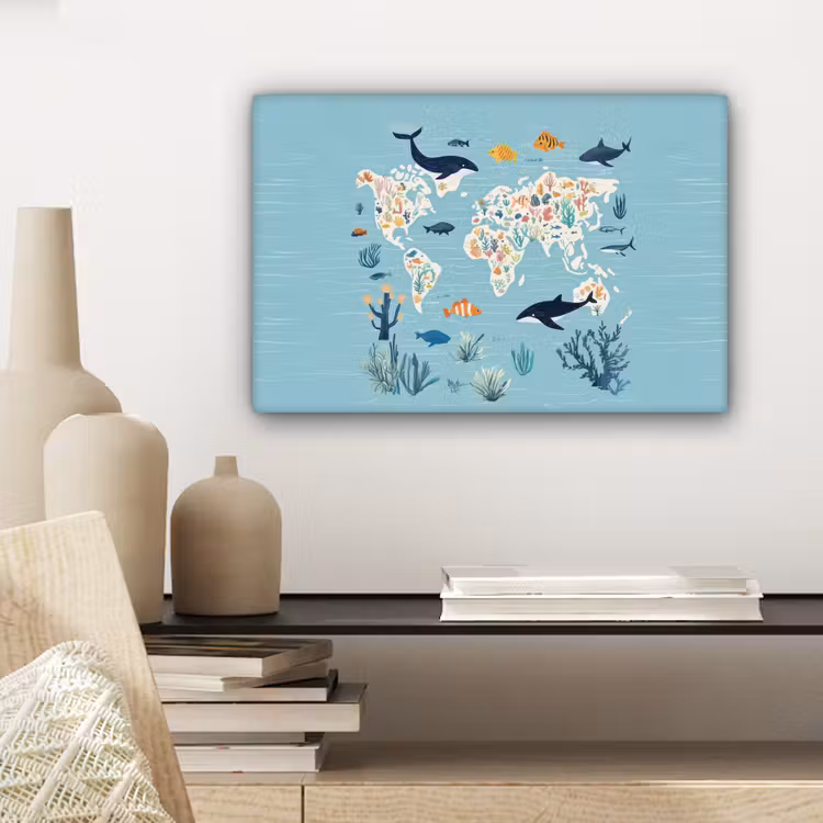 Wereldkaart - Zeeleven - Blauw canvas 2cm klein -sfeer6
