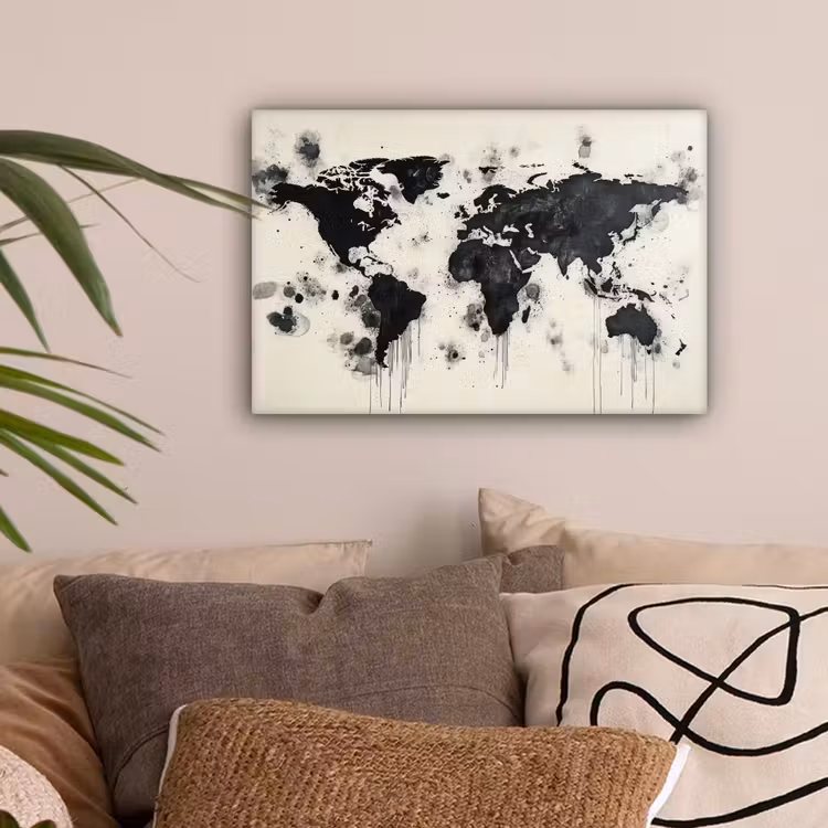 Wereldkaart - Zwart - Inkt canvas 2cm klein -sfeer1