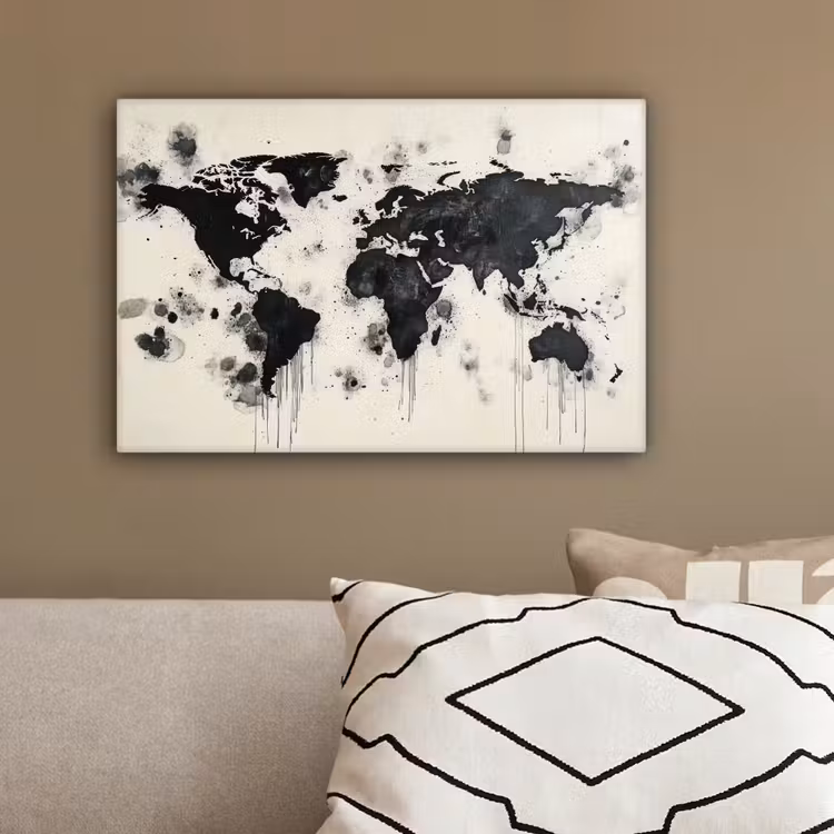Wereldkaart - Zwart - Inkt canvas 2cm klein -sfeer3